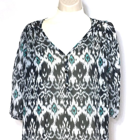 Living Doll Ikat Abstract Print Top Tunic Blouse Shirt M Black Blue White - Picture 4 of 9